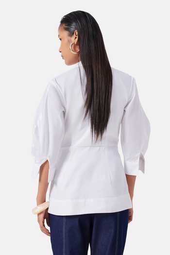 Shop_Notebook_White Cotton Collared Neck Nina Wrap Shirt _at_Aza_Fashions