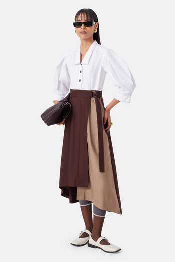 NOTEBOOK_White Cotton, Twill V-, Collared Norah Color Block Dress _Online_at_Aza_Fashions