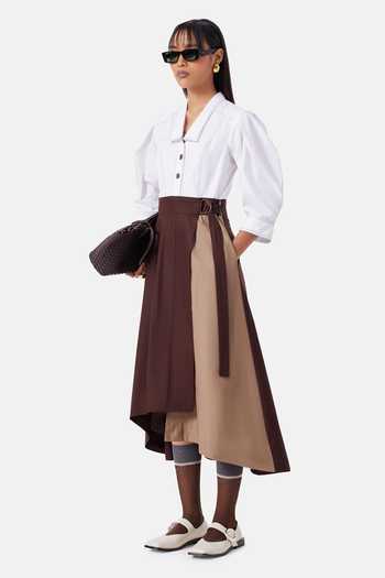 Buy_NOTEBOOK_White Cotton, Twill V-, Collared Norah Color Block Dress _Online_at_Aza_Fashions