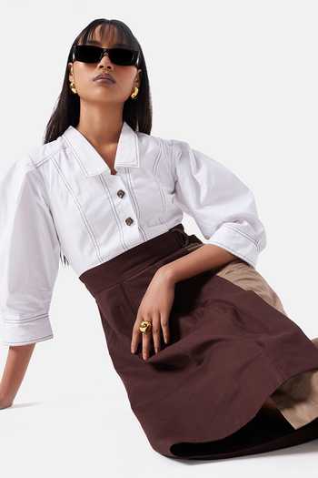 Shop_NOTEBOOK_White Cotton, Twill V-, Collared Norah Color Block Dress _Online_at_Aza_Fashions