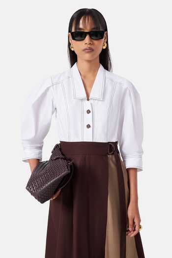 NOTEBOOK_White Cotton, Twill V-, Collared Norah Color Block Dress _at_Aza_Fashions