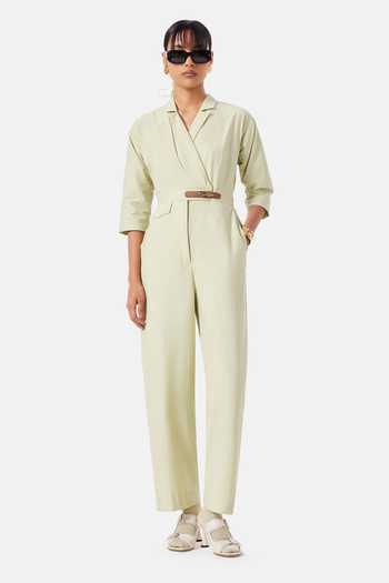 Buy_NOTEBOOK_Green Cotton V-, Collared Palmer Jumpsuit _at_Aza_Fashions