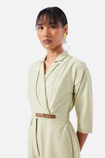 NOTEBOOK_Green Cotton V-, Collared Palmer Jumpsuit _Online_at_Aza_Fashions