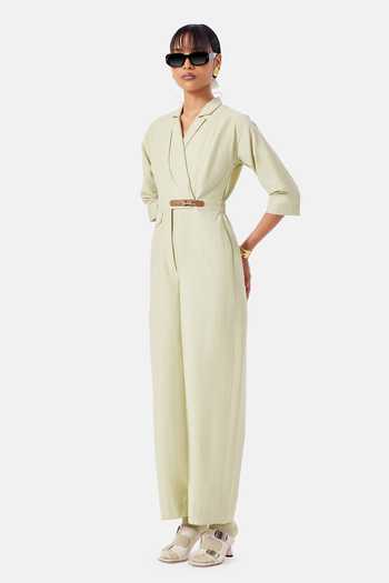 Buy_NOTEBOOK_Green Cotton V-, Collared Palmer Jumpsuit _Online_at_Aza_Fashions