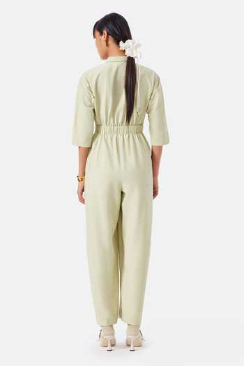 Shop_NOTEBOOK_Green Cotton V-, Collared Palmer Jumpsuit _at_Aza_Fashions