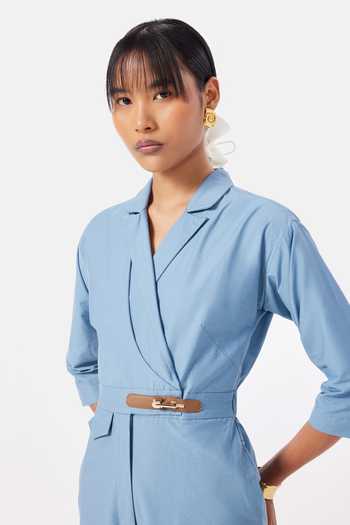 NOTEBOOK_Blue Cotton Shawl Neck Palmer Jumpsuit _Online_at_Aza_Fashions