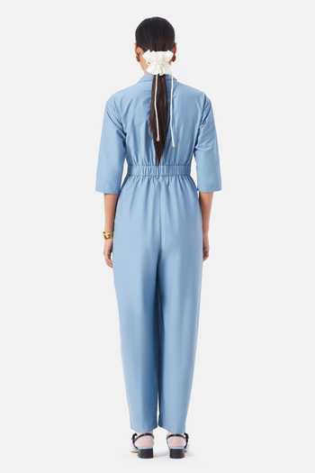 Shop_NOTEBOOK_Blue Cotton Shawl Neck Palmer Jumpsuit _at_Aza_Fashions