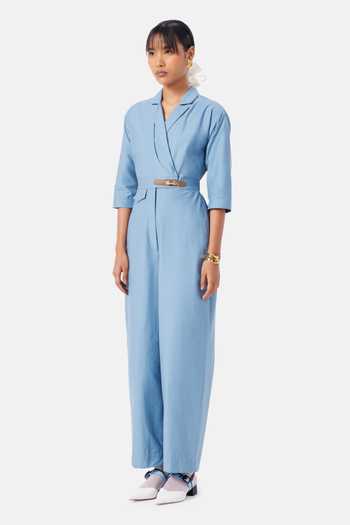 Buy_NOTEBOOK_Blue Cotton Shawl Neck Palmer Jumpsuit _Online_at_Aza_Fashions