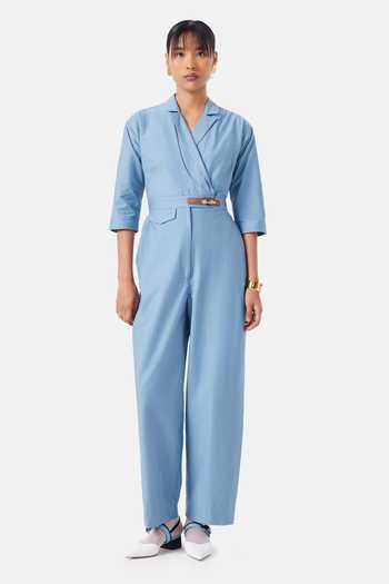 Buy_NOTEBOOK_Blue Cotton Shawl Neck Palmer Jumpsuit _at_Aza_Fashions