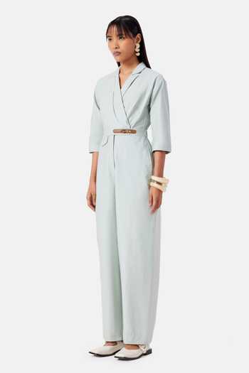 Buy_NOTEBOOK_Mint Cotton Shawl Neck Palmer Jumpsuit _at_Aza_Fashions