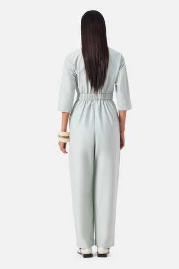 Shop_NOTEBOOK_Mint Cotton Shawl Neck Palmer Jumpsuit _at_Aza_Fashions