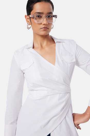 Notebook_White Cotton, Poplin Collared Neck Lauren Wrap Shirt _Online_at_Aza_Fashions