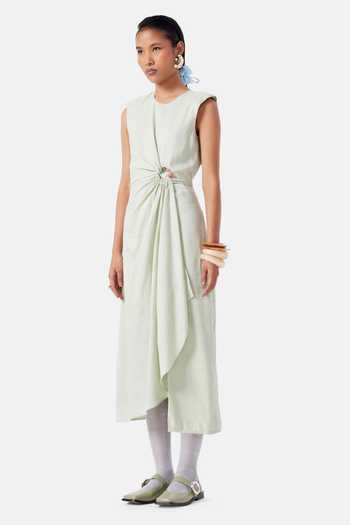 NOTEBOOK_Green Linen Round Neck Mary Dress _Online_at_Aza_Fashions