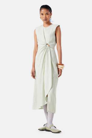 Buy_NOTEBOOK_Green Linen Round Neck Mary Dress _at_Aza_Fashions