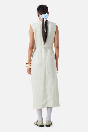 Shop_NOTEBOOK_Green Linen Round Neck Mary Dress _at_Aza_Fashions