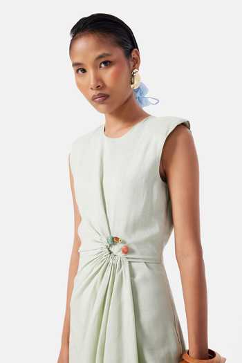 Buy_NOTEBOOK_Green Linen Round Neck Mary Dress _Online_at_Aza_Fashions
