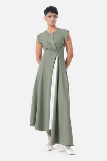 Buy_NOTEBOOK_Green Crepe Round Neck Magnolia Draped Dress _at_Aza_Fashions