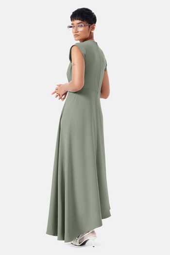 Shop_NOTEBOOK_Green Crepe Round Neck Magnolia Draped Dress _at_Aza_Fashions