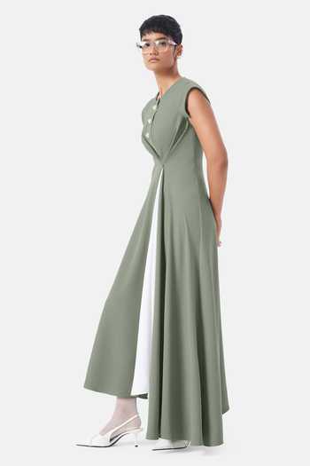 NOTEBOOK_Green Crepe Round Neck Magnolia Draped Dress _Online_at_Aza_Fashions