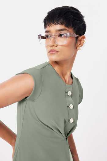 Buy_NOTEBOOK_Green Crepe Round Neck Magnolia Draped Dress _Online_at_Aza_Fashions
