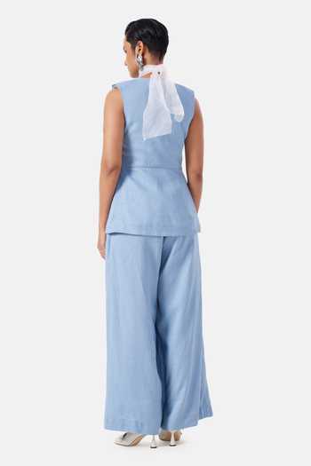 Shop_NOTEBOOK_Blue Linen Scoop Neck Cora Waistcoat And Pant Set _at_Aza_Fashions