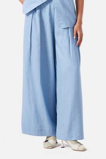 NOTEBOOK_Blue Linen Scoop Neck Cora Waistcoat And Pant Set _Online_at_Aza_Fashions
