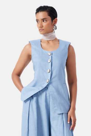 Buy_NOTEBOOK_Blue Linen Scoop Neck Cora Waistcoat And Pant Set _Online_at_Aza_Fashions