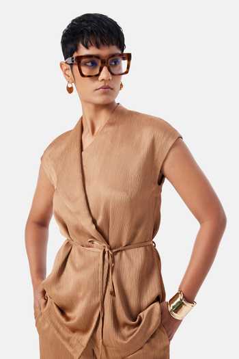 NOTEBOOK_Brown Polyester Shawl Neck Blake Pleated Top And Pant Set _Online_at_Aza_Fashions