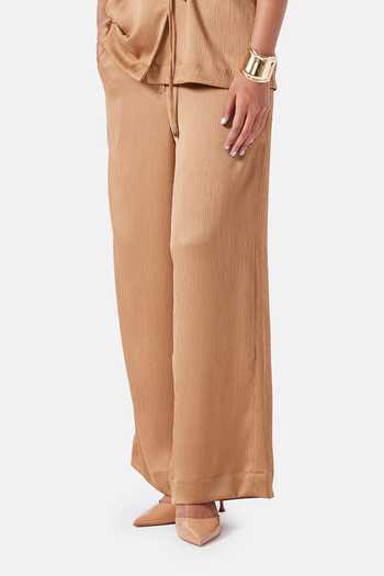 Buy_NOTEBOOK_Brown Polyester Shawl Neck Blake Pleated Top And Pant Set _Online_at_Aza_Fashions