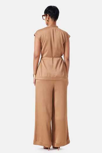 Shop_NOTEBOOK_Brown Polyester Shawl Neck Blake Pleated Top And Pant Set _at_Aza_Fashions
