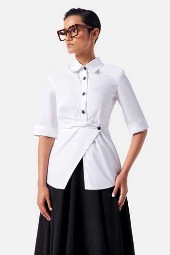 Notebook_White Cotton, Poplin Collared Neck Aisha Layered Shirt _Online_at_Aza_Fashions
