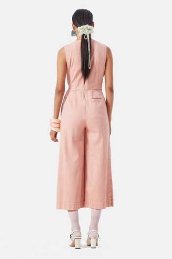 Shop_NOTEBOOK_Pink Cotton, Denim V-neck Thea Jumpsuit _at_Aza_Fashions
