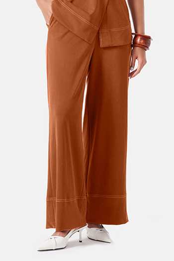 NOTEBOOK_Brown Cotton, Viscose, Knit Round Maeve Stitchline Thread Work Top And Pant Set _Online_at_Aza_Fashions