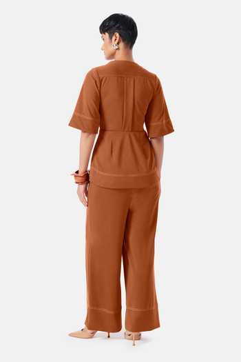 Shop_NOTEBOOK_Brown Cotton, Viscose, Knit Round Maeve Stitchline Thread Work Top And Pant Set _at_Aza_Fashions