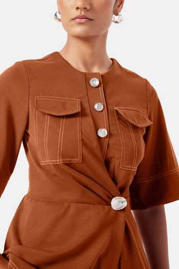 Buy_NOTEBOOK_Brown Cotton, Viscose, Knit Round Maeve Stitchline Thread Work Top And Pant Set _Online_at_Aza_Fashions