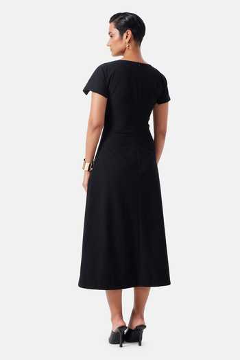Shop_NOTEBOOK_Black Viscose, Lycra, Polyester V-neck Romy Midi Dress _at_Aza_Fashions