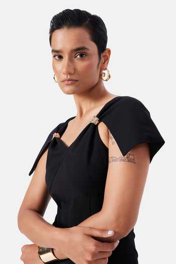 NOTEBOOK_Black Viscose, Lycra, Polyester V-neck Romy Midi Dress _Online_at_Aza_Fashions