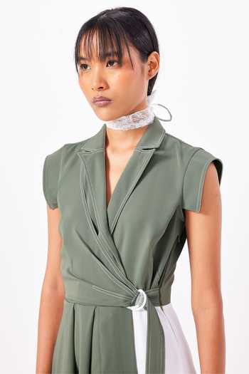 NOTEBOOK_Green Crepe V-, Collared Jade Draped Dress _Online_at_Aza_Fashions