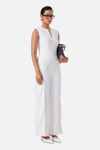 Buy_NOTEBOOK_Ivory Rayon Split V-neck Eloise V Jumpsuit _at_Aza_Fashions