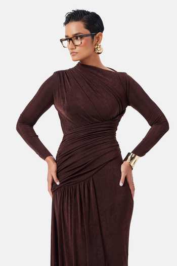 Notebook_Brown Lycra, Polyester Asymmetric Neck Ruth Sculpted Dress _Online_at_Aza_Fashions