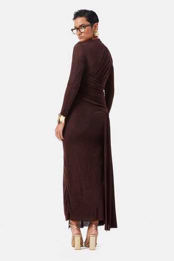 Shop_Notebook_Brown Lycra, Polyester Asymmetric Neck Ruth Sculpted Dress _at_Aza_Fashions