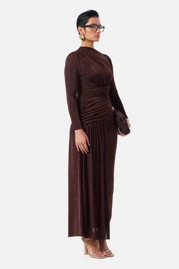 Buy_Notebook_Brown Lycra, Polyester Asymmetric Neck Ruth Sculpted Dress _Online_at_Aza_Fashions