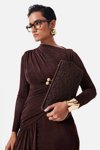 Shop_Notebook_Brown Lycra, Polyester Asymmetric Neck Ruth Sculpted Dress _Online_at_Aza_Fashions