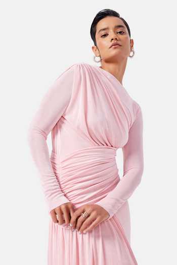 Notebook_Pink Polyester, Lycra Asymmetric Neck Ruth Sculpted Dress _Online_at_Aza_Fashions