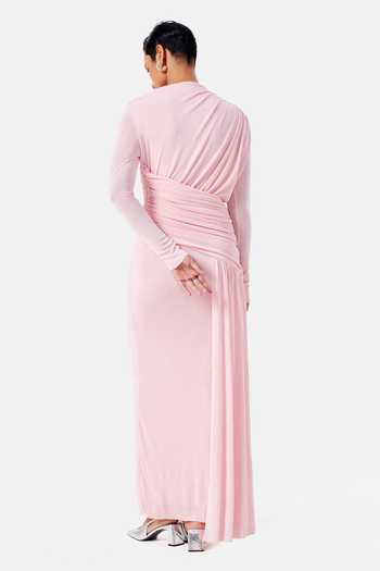 Shop_Notebook_Pink Polyester, Lycra Asymmetric Neck Ruth Sculpted Dress _at_Aza_Fashions