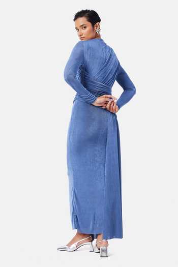 Shop_NOTEBOOK_Blue Polyester, Lycra High Neck Ruth Sculpted Dress _at_Aza_Fashions