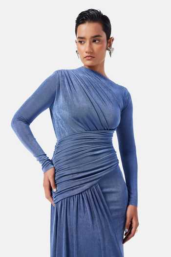 NOTEBOOK_Blue Polyester, Lycra High Neck Ruth Sculpted Dress _Online_at_Aza_Fashions