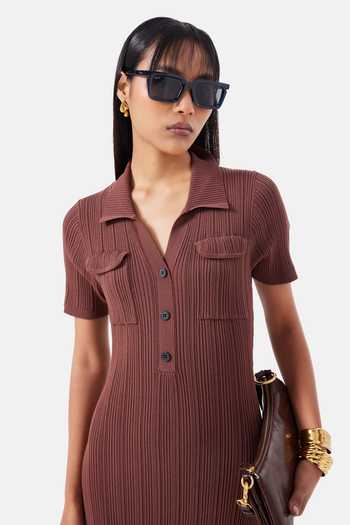 NOTEBOOK_Brown Polyester Collared Neck Cecilia Pleated Dress _Online_at_Aza_Fashions
