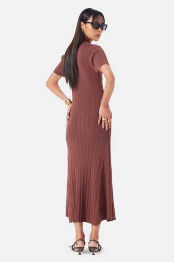 Shop_NOTEBOOK_Brown Polyester Collared Neck Cecilia Pleated Dress _at_Aza_Fashions