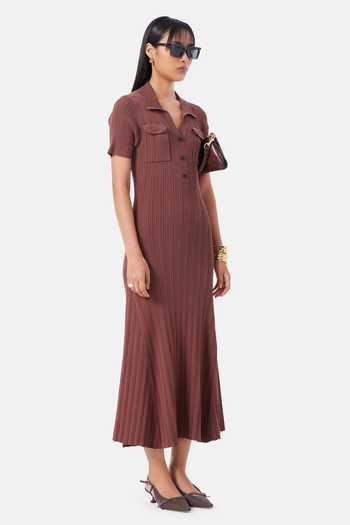Buy_NOTEBOOK_Brown Polyester Collared Neck Cecilia Pleated Dress _Online_at_Aza_Fashions